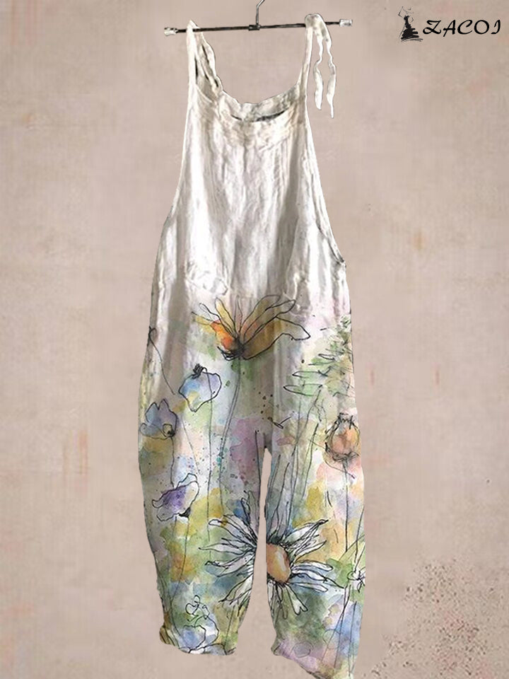 Retro art flower print casual overalls