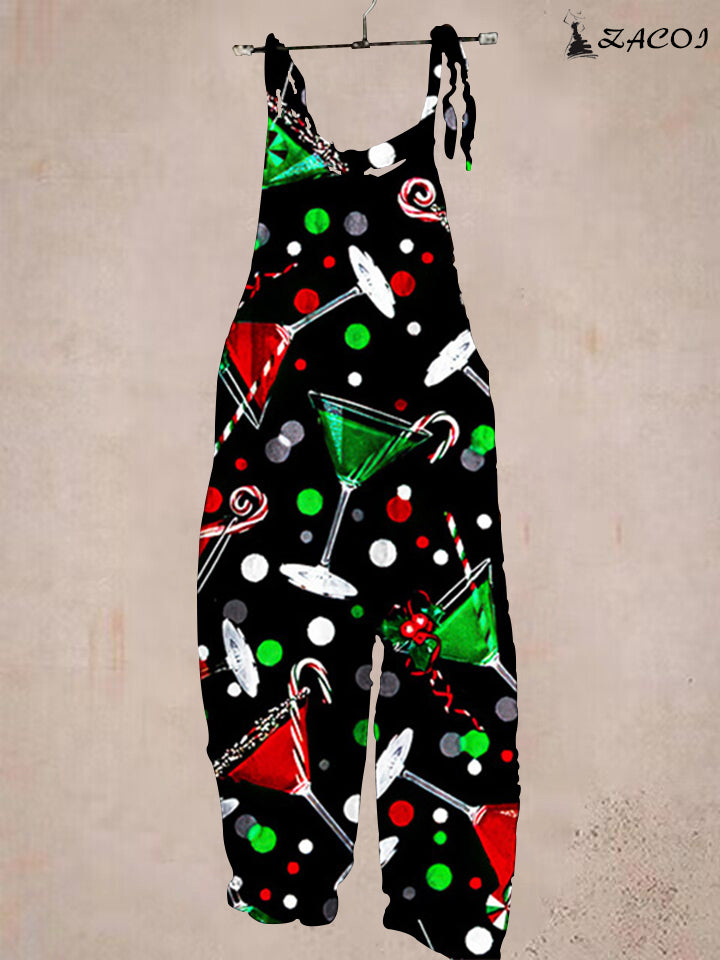 Christmas wine glass print casual jumpsuit
