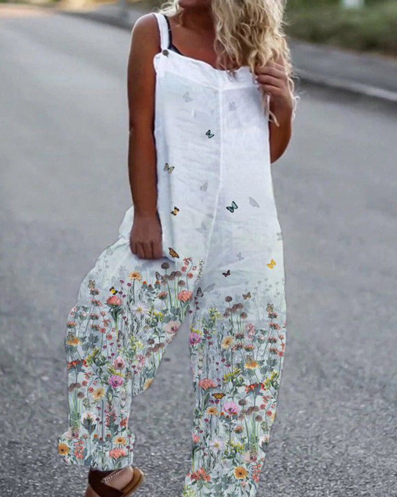 Vintage Butterfly Print White Loose Jumpsuit