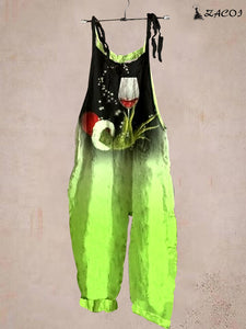 Ladies Christmas Wine Glass Print Casual Jumpsuit