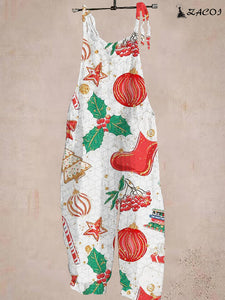 Christmas Holly Berry Lantern Print Vintage Jumpsuit