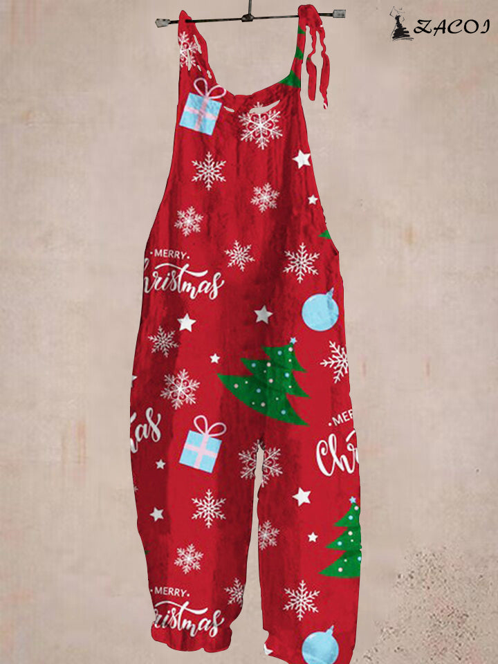 Christmas Red Christmas Tree Print Casual Jumpsuit