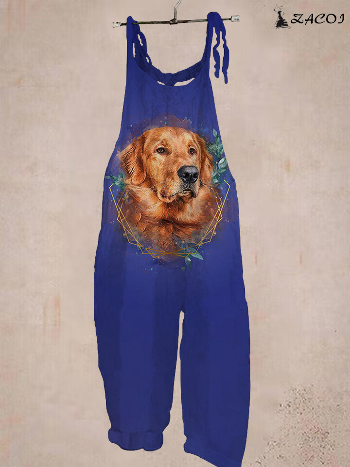 Women's Golden Retriever Print Blue Jumpsuit