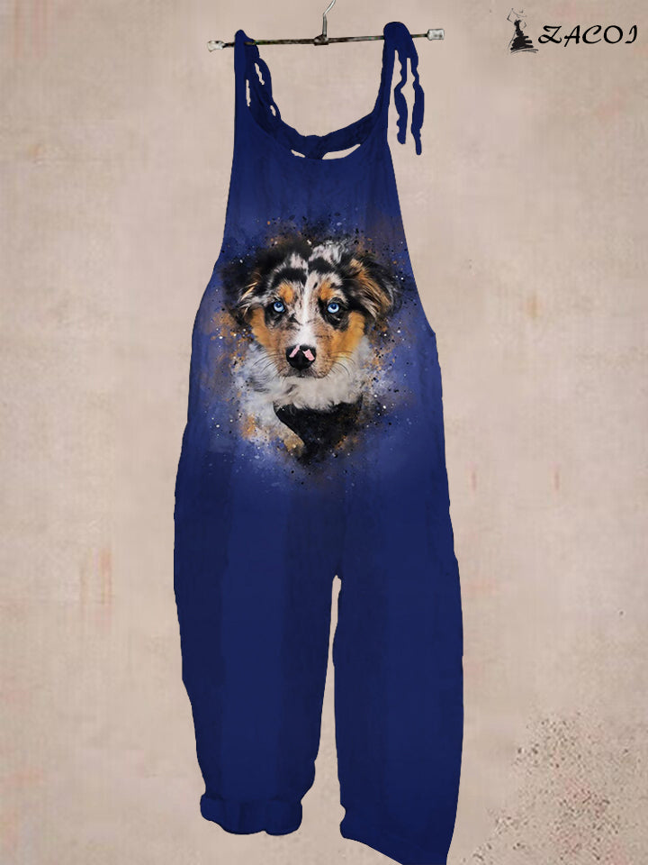 Women's Collie Print Blue Jumpsuit