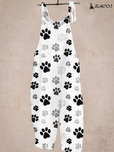 Ladies Casual Dog Paw Print Pocket Jumpsuit