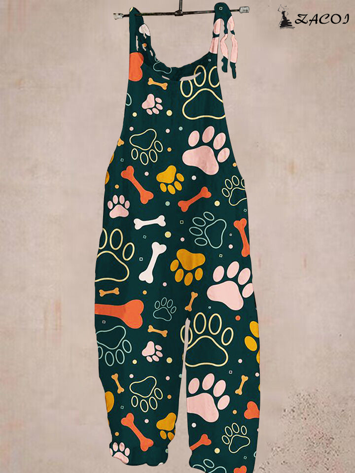 Ladies Casual Cartoon Bone Paw Print Pocket Jumpsuit