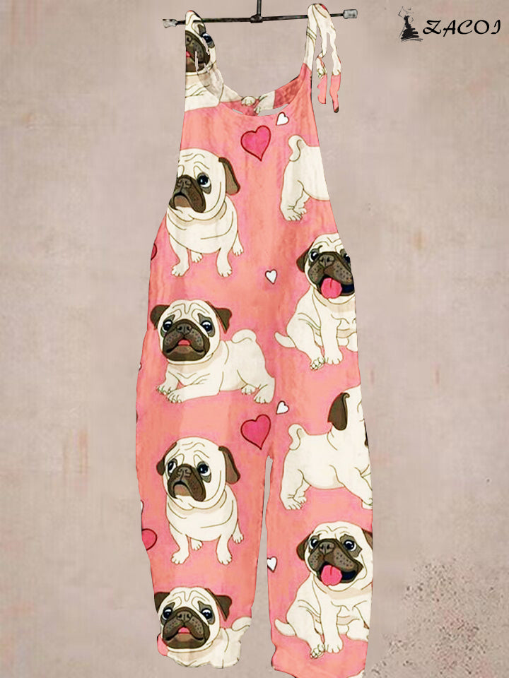 Ladies Casual French Bulldog Print Pocket Jumpsuit