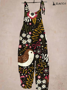Ladies Autumn/Winter Floral Bird Print Pocket Jumpsuit