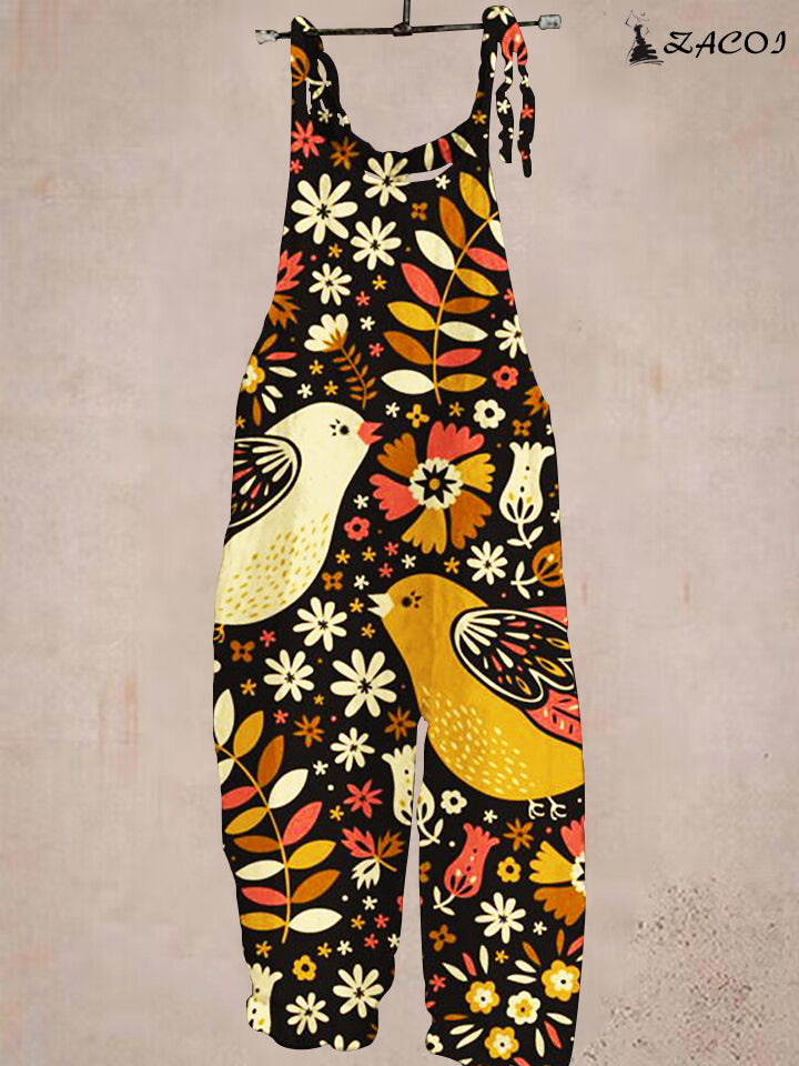 Ladies Casual Bird Print Pocket Jumpsuit
