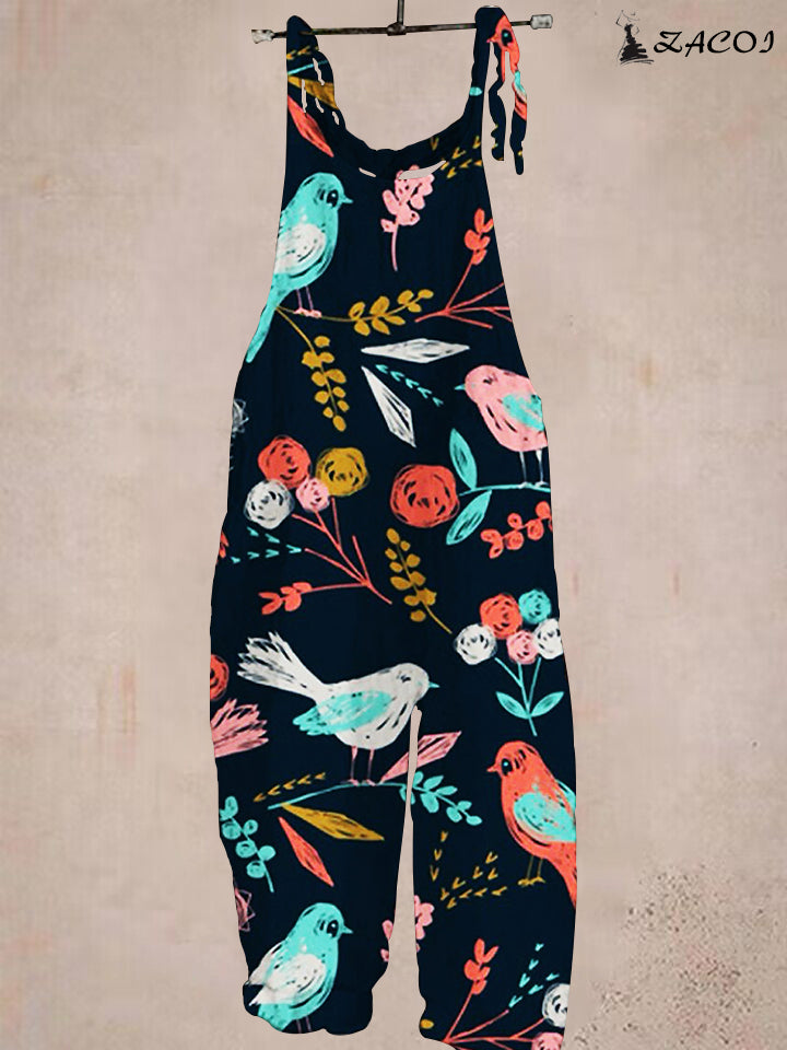 Ladies Casual Vintage Bird Print Pocket Jumpsuit