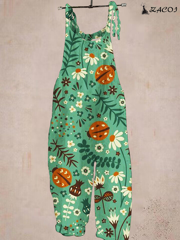 Ladies Casual Vintage Ladybug Print Pocket Jumpsuit