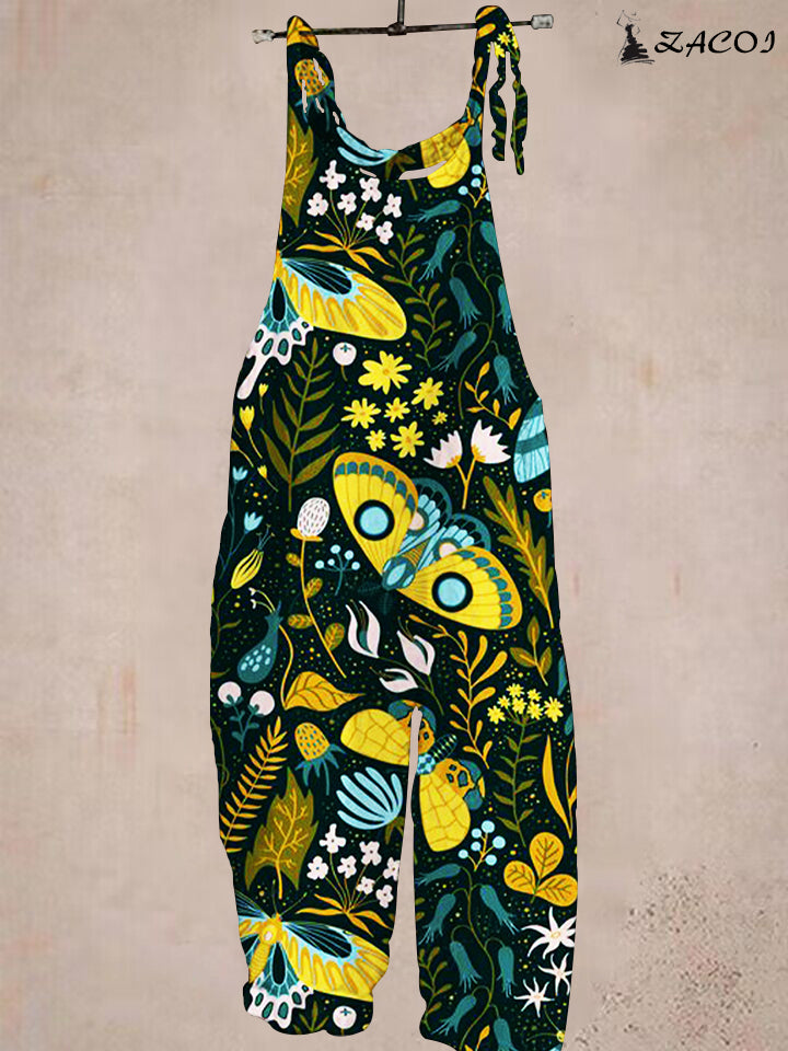 Ladies Casual Butterfly Print Pocket Jumpsuit