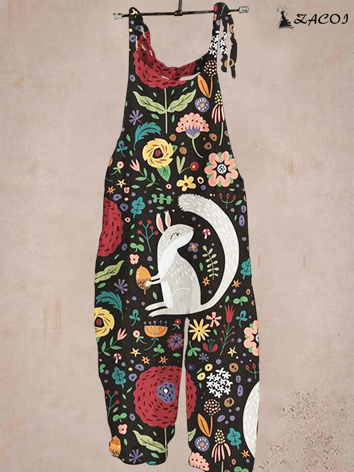 Women's Casual Squirrel Print Pocket Jumpsuit