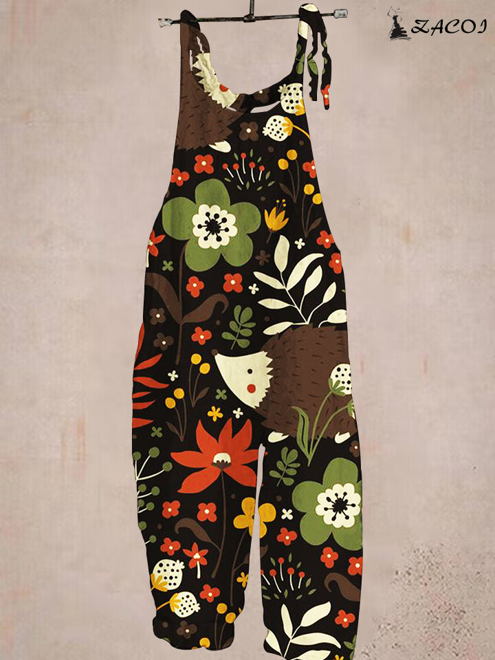 Ladies Casual Hedgehog Print Pocket Jumpsuit