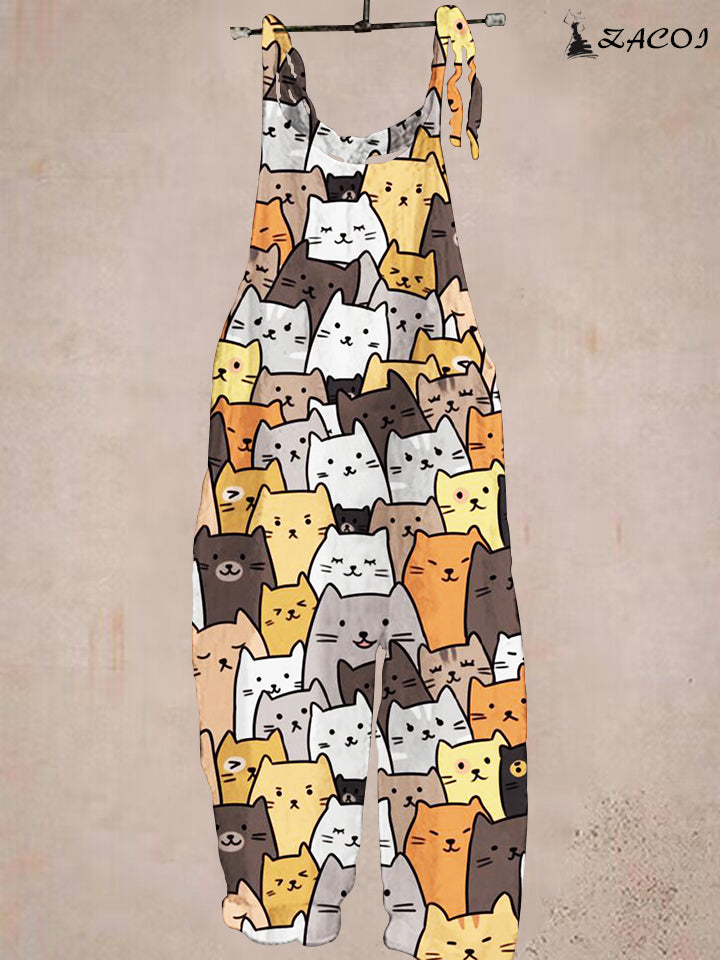 Ladies Casual Cartoon Cat Print Pocket Jumpsuit