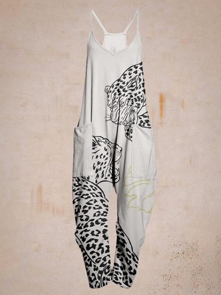 Ladies White Leopard Print Sleeveless Jumpsuit Harem Pants