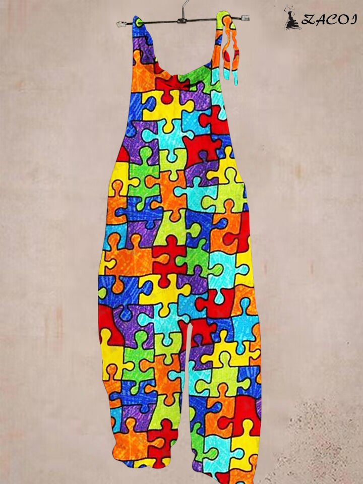Ladies Casual Puzzle Print Pocket Jumpsuit