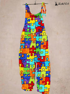 Ladies Casual Puzzle Print Pocket Jumpsuit