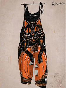 Women's Halloween Night Pumpkin Cat Jumpsuit - 3