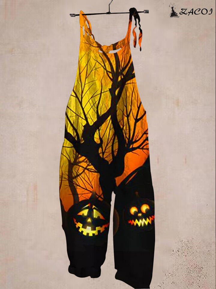 Women's Halloween Night Pumpkin Print Jumpsuit - 7