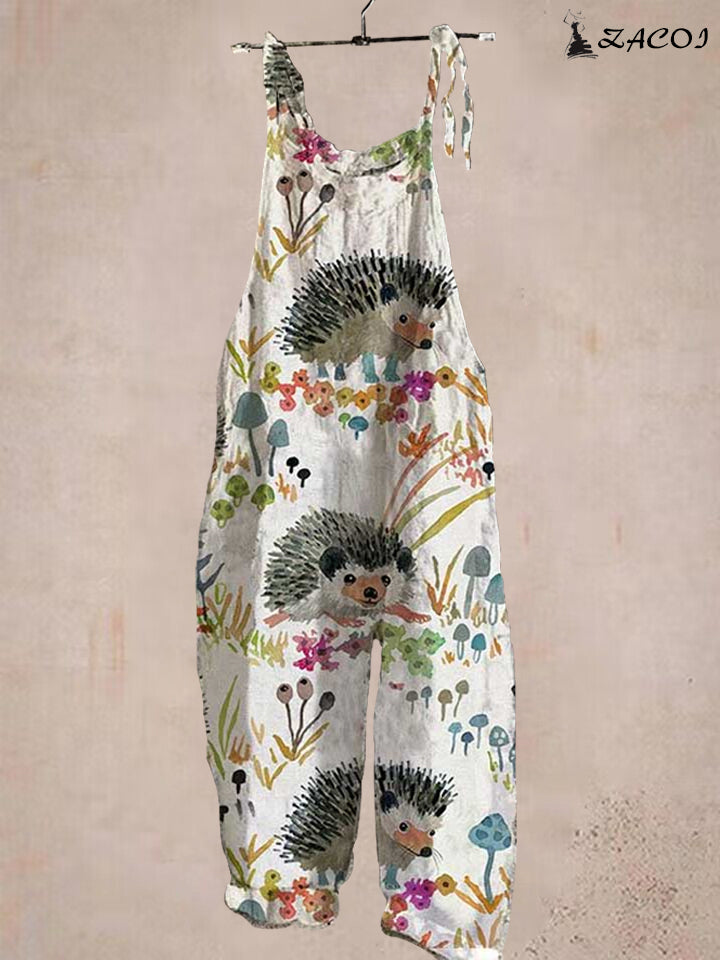 Women's Floral Hedgehog Print Loose Casual Jumpsuit - 4