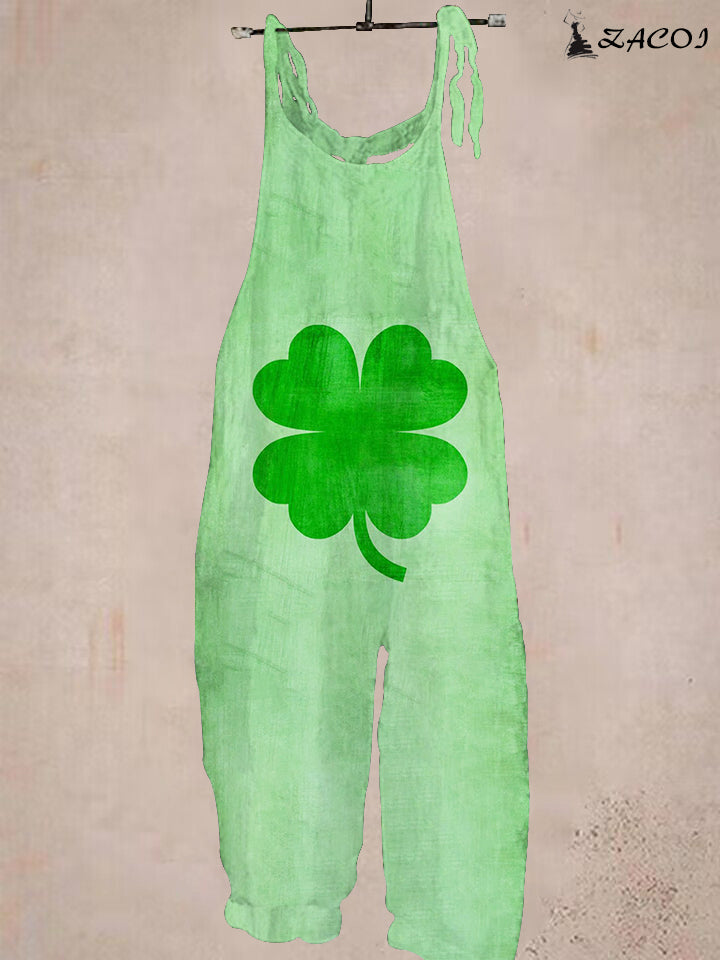 St. Patrick's Day Shamrock Print Matcha Jumpsuit