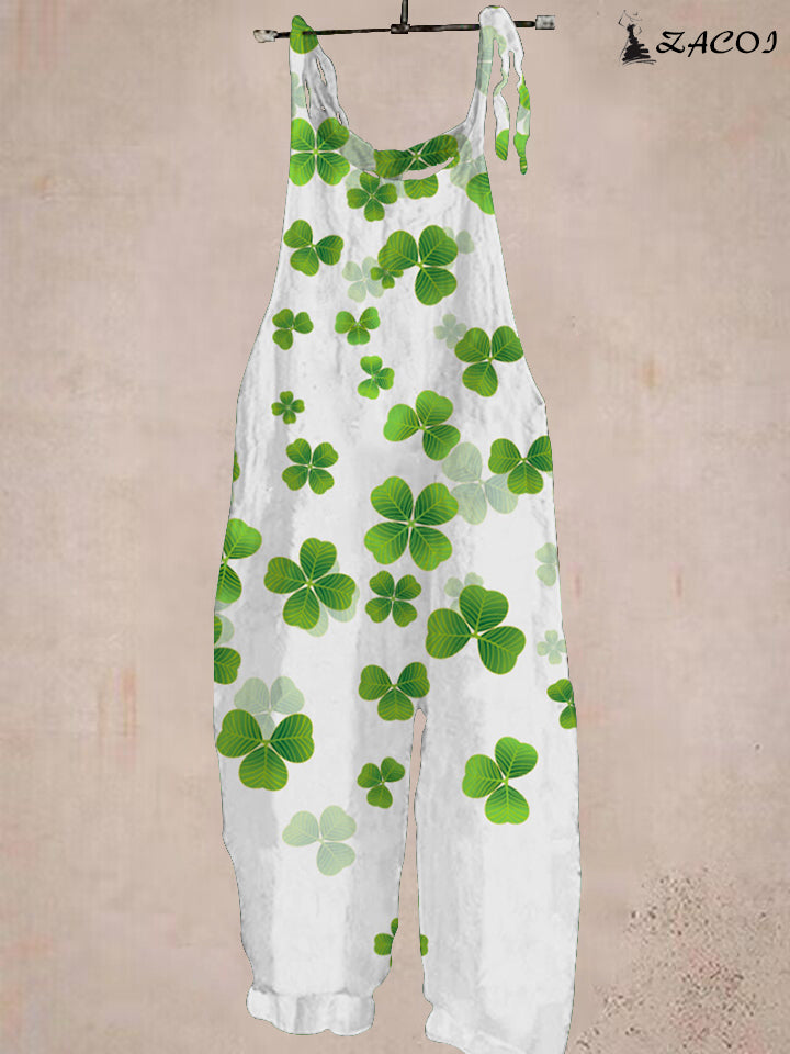 St. Patrick's Day Clover Print White Jumpsuit