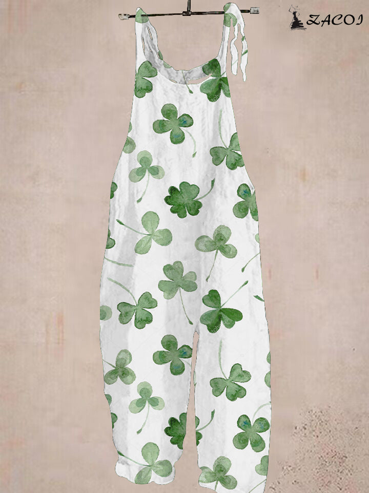 St. Patrick's Day Shamrock Print White Jumpsuit