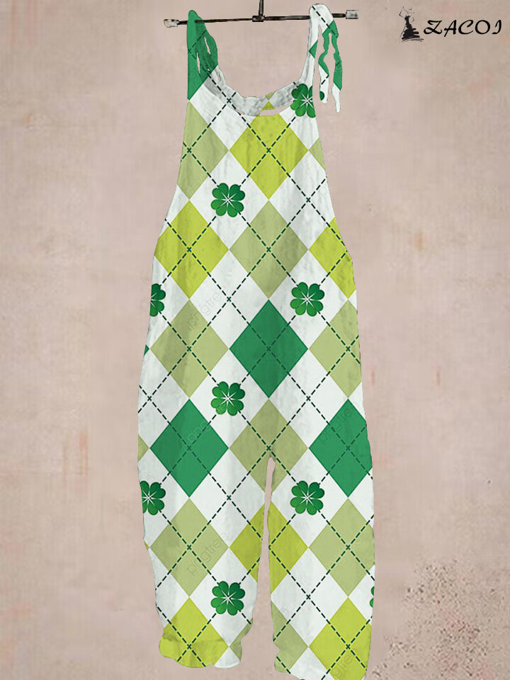 St. Patrick's Day Green Diamond Plaid and Clover Print Jumpsuit