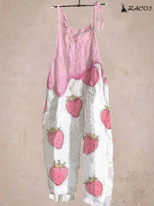 Cute Pink Strawberry Loose Casual Jumpsuit