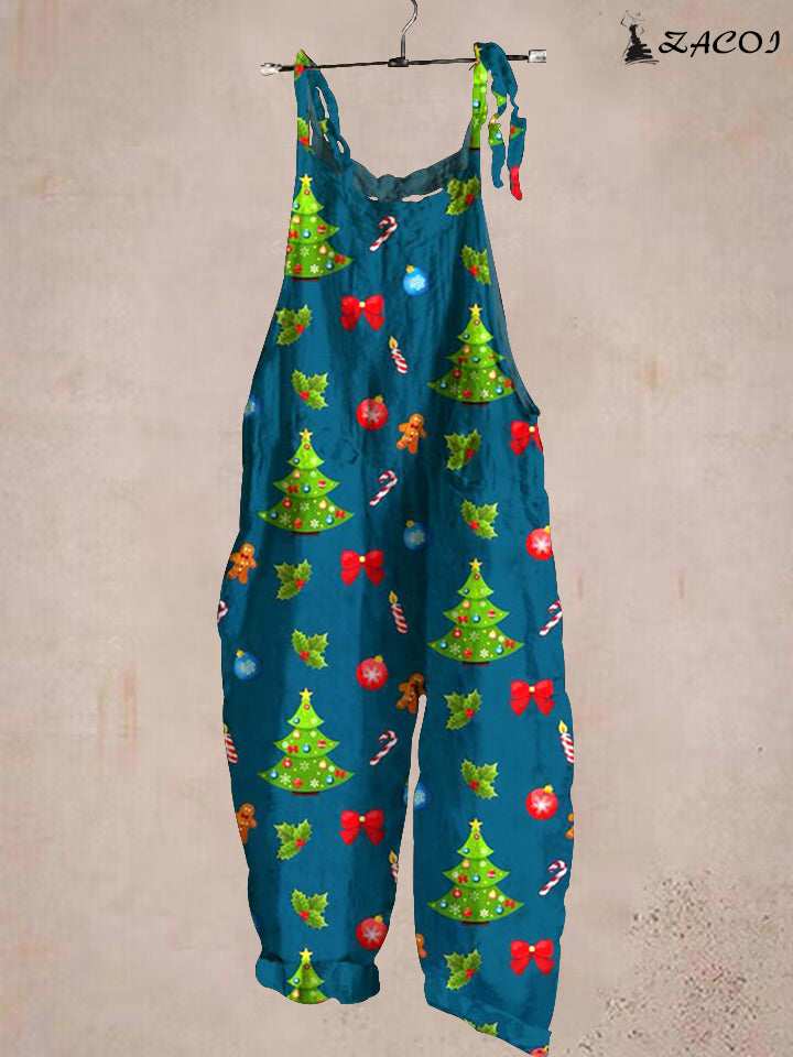 Ladies Christmas Gingerbread Man Print Casual Jumpsuit