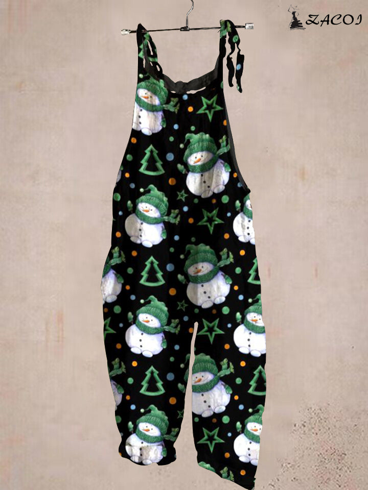 Ladies Christmas Snowman Print Casual Jumpsuit
