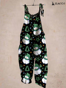 Ladies Christmas Snowman Print Casual Jumpsuit