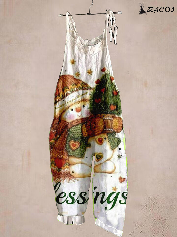Ladies Snowman Print Casual Jumpsuit