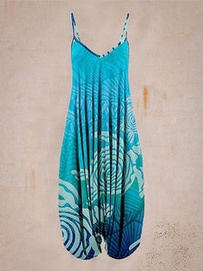 Ladies Blue Printed Sleeveless Harem Jumpsuit
