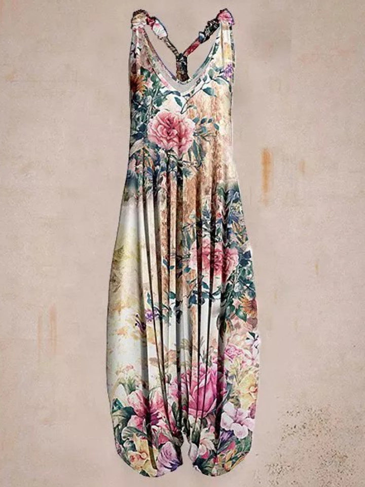 Ladies Peony Print Sleeveless Harem Jumpsuit