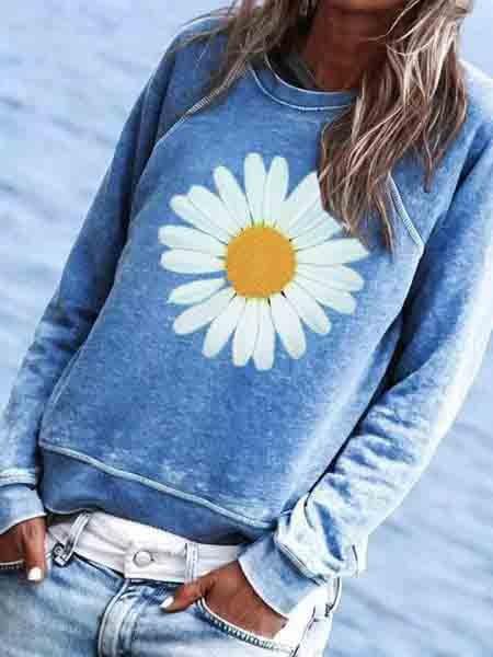 BLUE COTTON-BLEND CREW NECK FLORAL CASUAL SHIRTS & TOPS