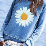 BLUE COTTON-BLEND CREW NECK FLORAL CASUAL SHIRTS & TOPS