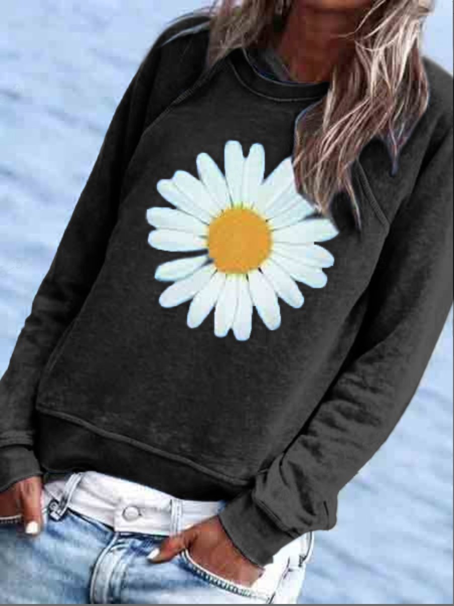 BLUE COTTON-BLEND CREW NECK FLORAL CASUAL SHIRTS & TOPS