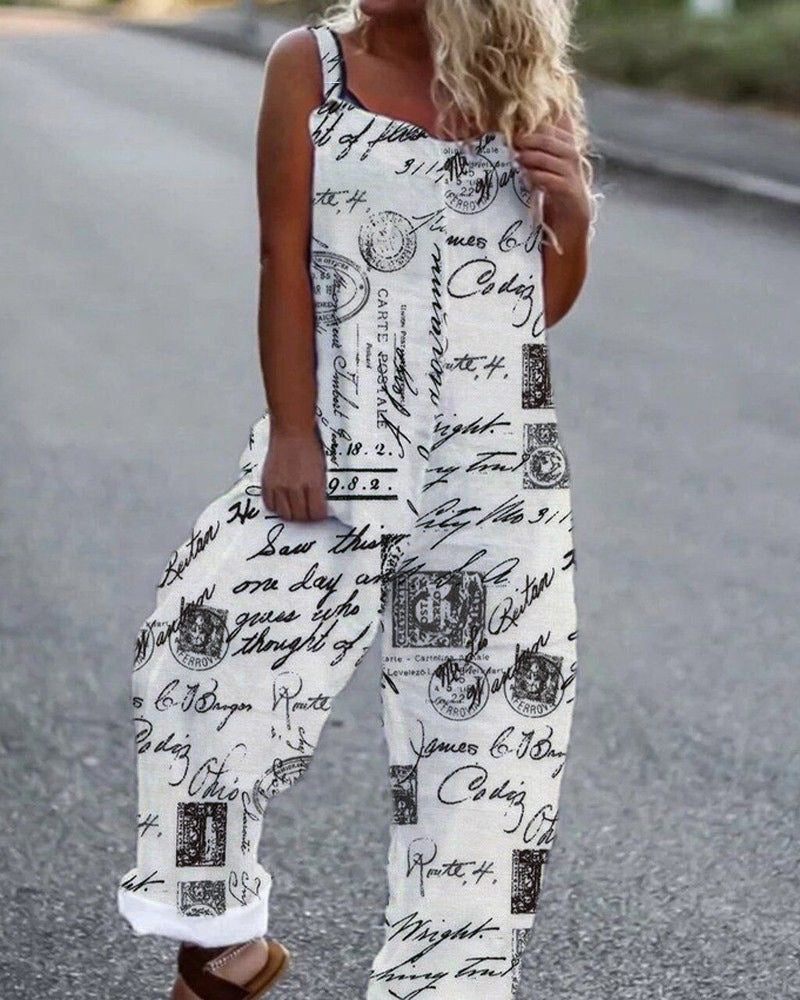 Vintage Letter Print Loose Casual Jumpsuit