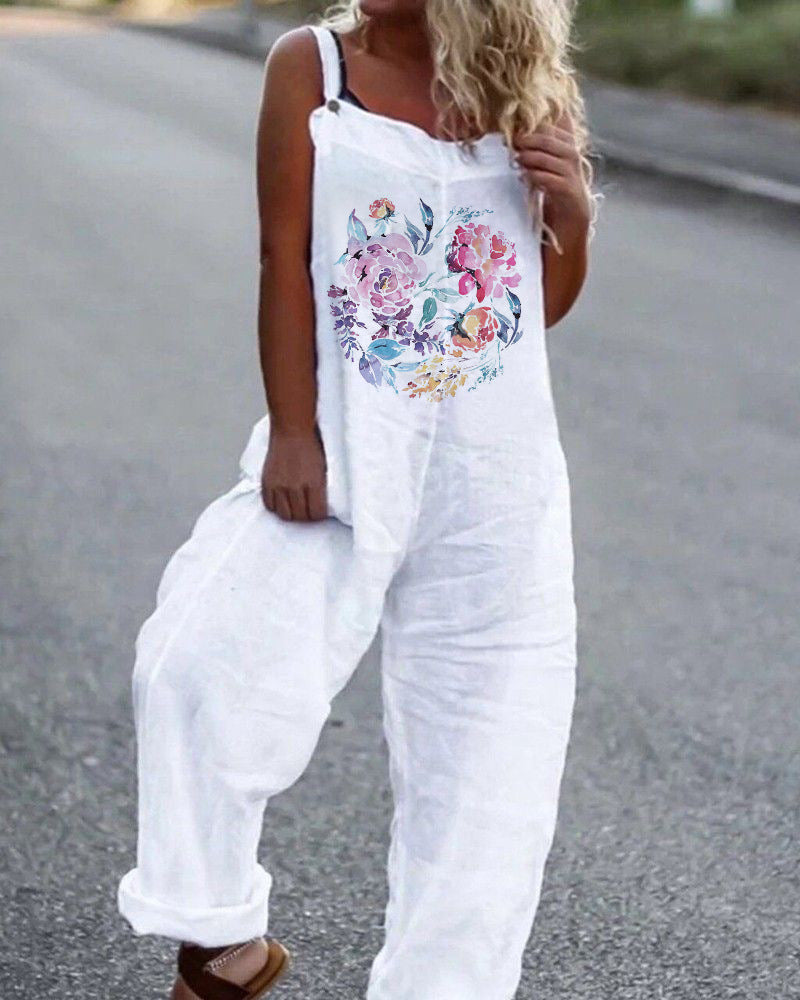 Vintage Floral Print Loose Jumpsuit