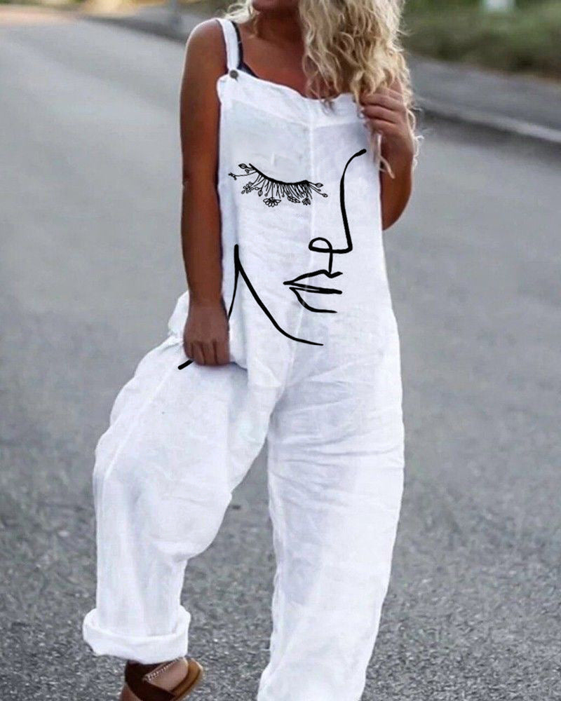 Vintage Face Print Loose Jumpsuit
