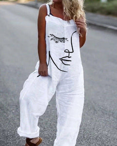 Vintage Face Print Loose Jumpsuit