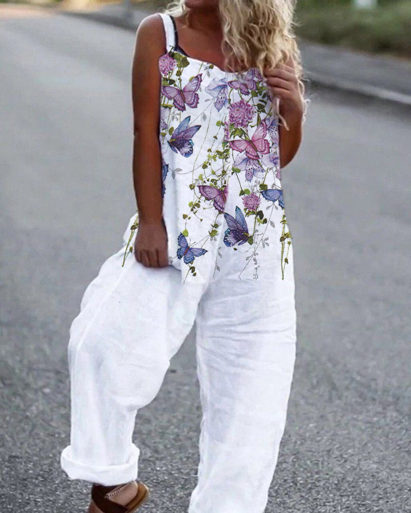 Vintage Purple Butterfly Print Loose Jumpsuit