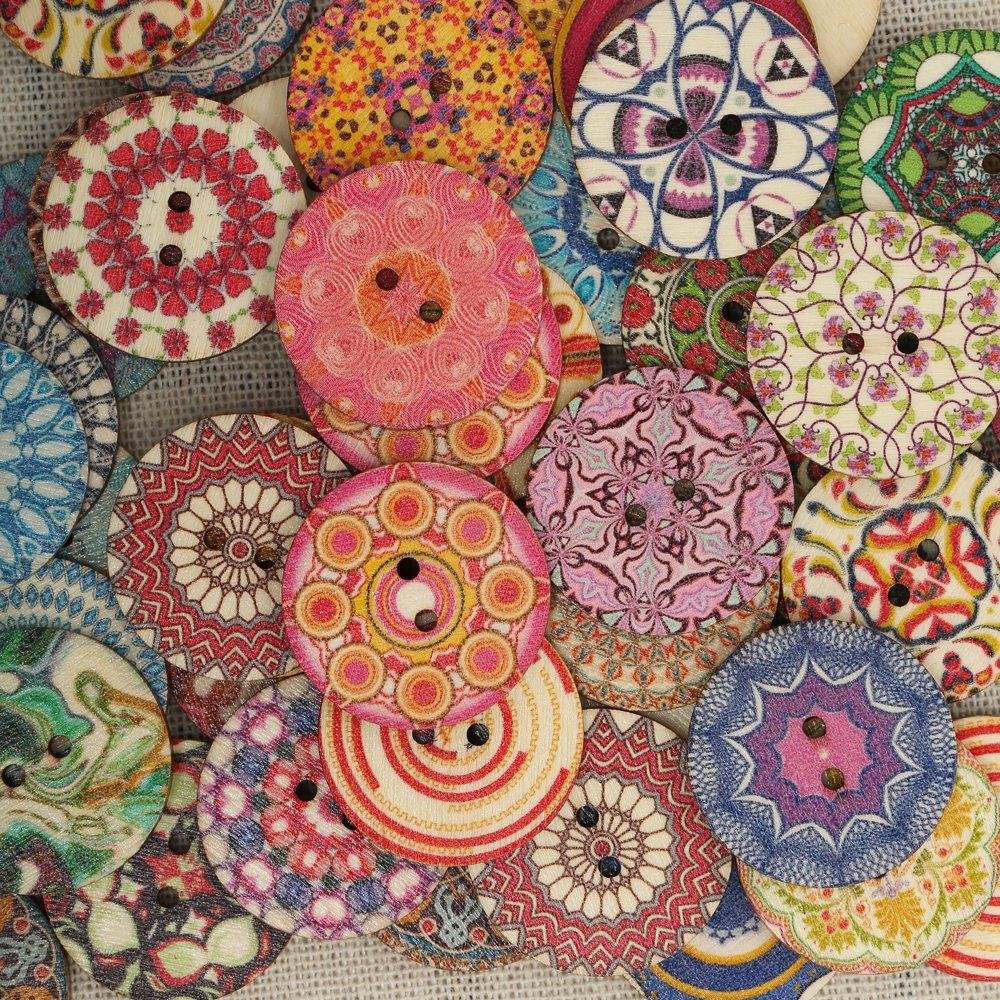 50Pcs 25mm Multi-Color Wooden Buttons Round Sewing Buttons for DIY Craft Bag Hat Clothes Decoration