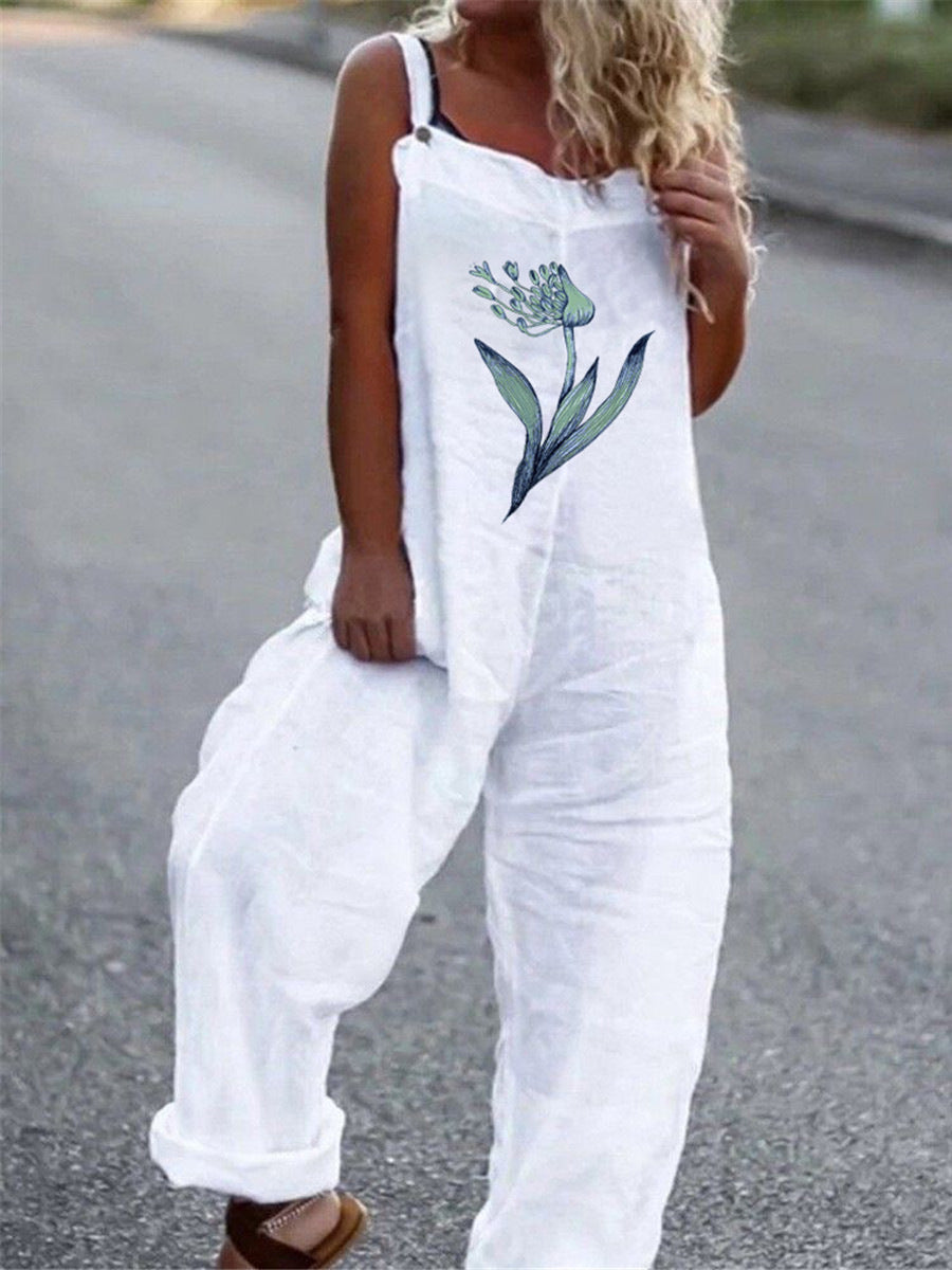 Vintage Print White Loose Jumpsuit