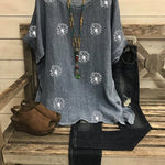 Casual vintage cotton and linen bat sleeve dandelion printed loose top