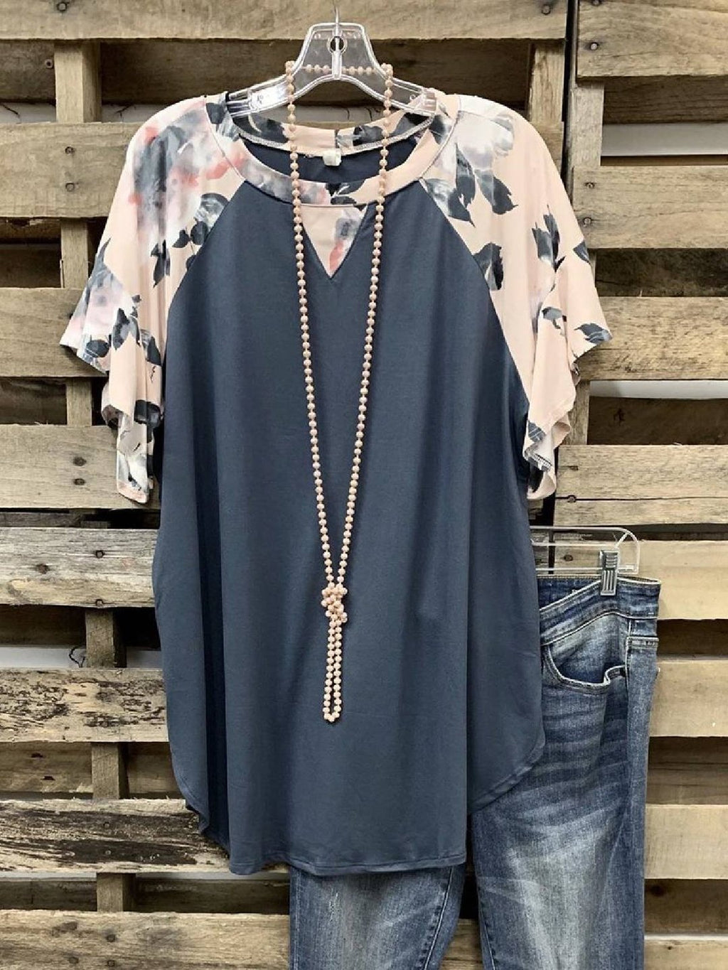 Gray Floral Cotton-Blend Casual Shirts & Tops