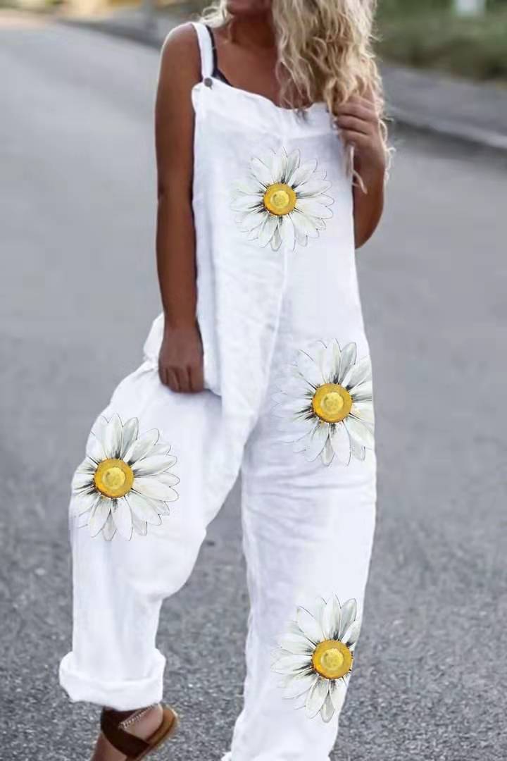 Sunflower print ladies casual cotton jumpsuit