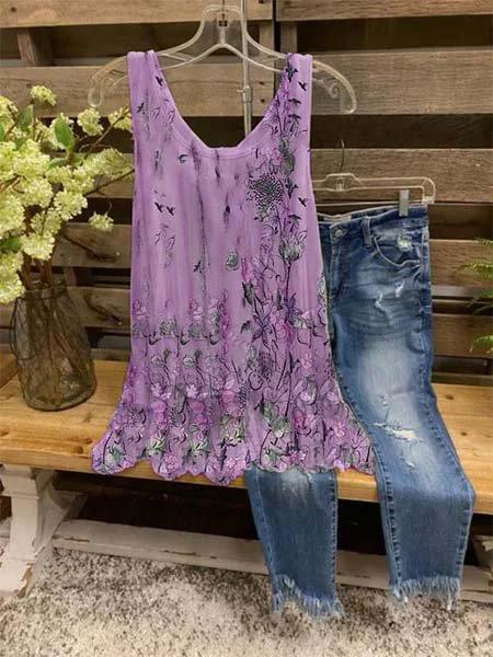FLORAL-PRINT SLEEVELESS CASUAL CREW NECK SHIRTS & TOPS